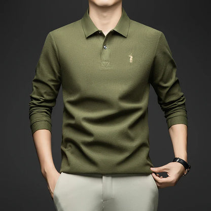 100% Pure Cotton Men's Long Sleeved Polo Shirt, Collar T-shirt, Spring and Autumn Top, No Ironing, Wrinkle Resistant Embroidery