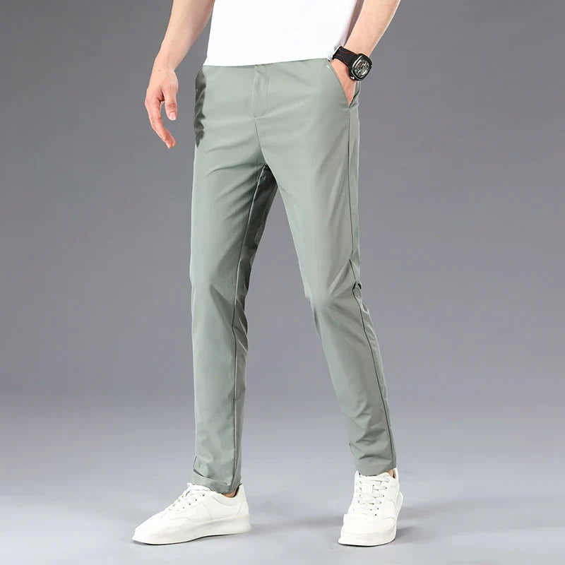 Business Thin Men's Breathable Pants Slim Straight High Elastic Slim Casual Pants Male Brand Clothing Khaki Gray Green Black