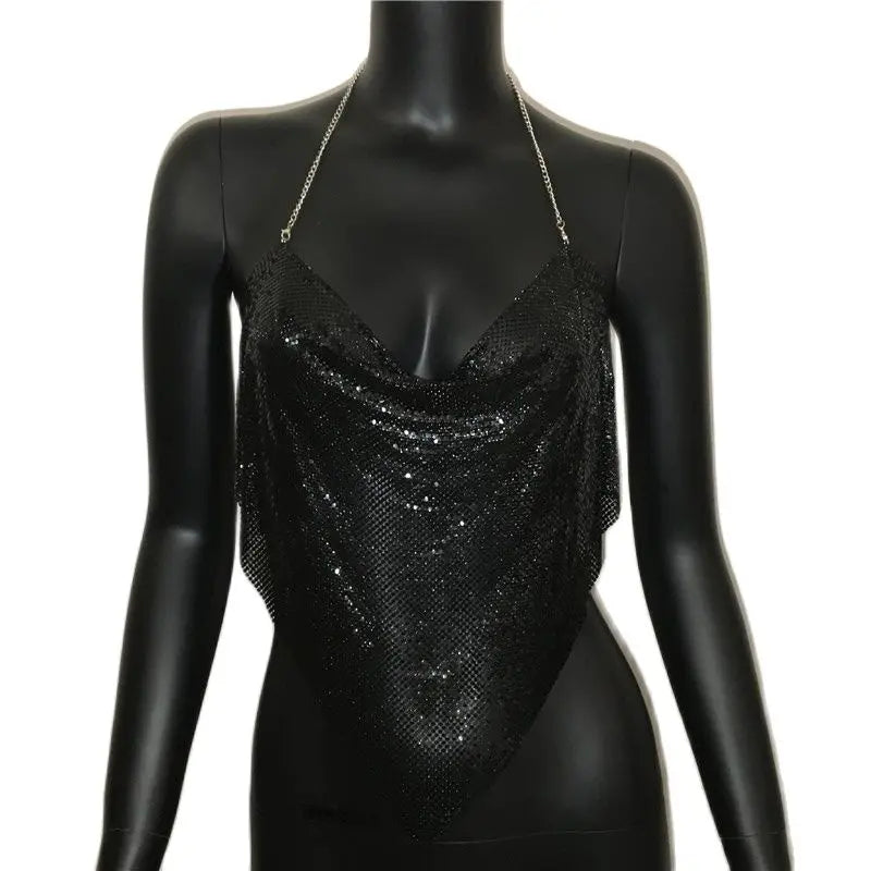Women Solid Sequined Metal Camis Top 2025 Sexy Halter Backless V Strappy Party Nightclub Vest Cropped Tops