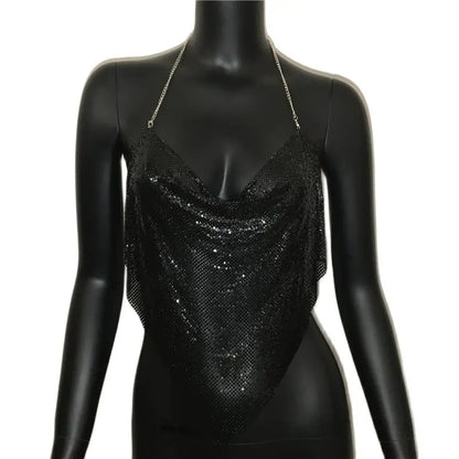 Women Solid Sequined Metal Camis Top 2025 Sexy Halter Backless V Strappy Party Nightclub Vest Cropped Tops