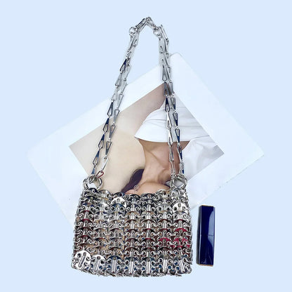 Silver Shiny Bag Handmade Woven Beaded Sequin Bag Mobile Phone Bag Long Shoulder Strap Single Shoulder Crossbody Bag for Women
