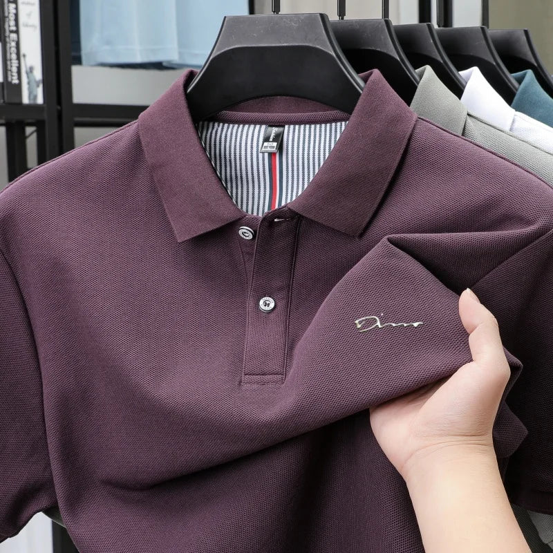 Brand 100%pure cotton short sleeve polo shirt men's new fashion letter embossed business casual solid color summer lapel T-shirt