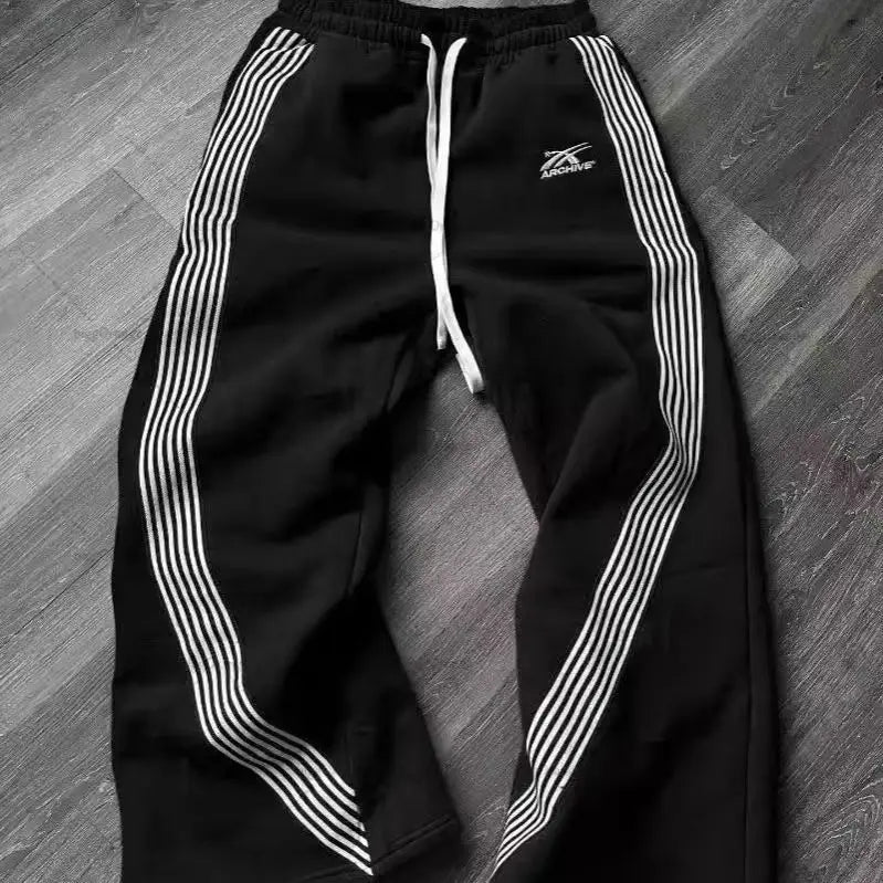 Fashion Retro Stripe Embroidery Zipper Hoodie Sweater Set Men's Two-Piece Set Hip Hood Embroidery Oversized Sweater Men's Set