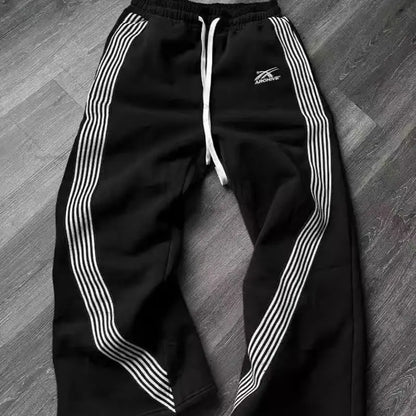 Fashion Retro Stripe Embroidery Zipper Hoodie Sweater Set Men's Two-Piece Set Hip Hood Embroidery Oversized Sweater Men's Set