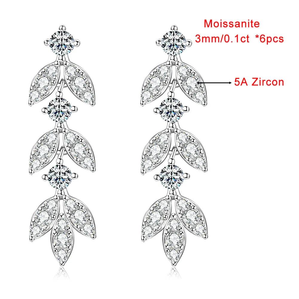 0.6cttw Long Tassel Moissanite Diamond Drop Earrings for Women 925 Sterling Silver Plated Gold Luxury Leaf Earrings Fine Jewelry