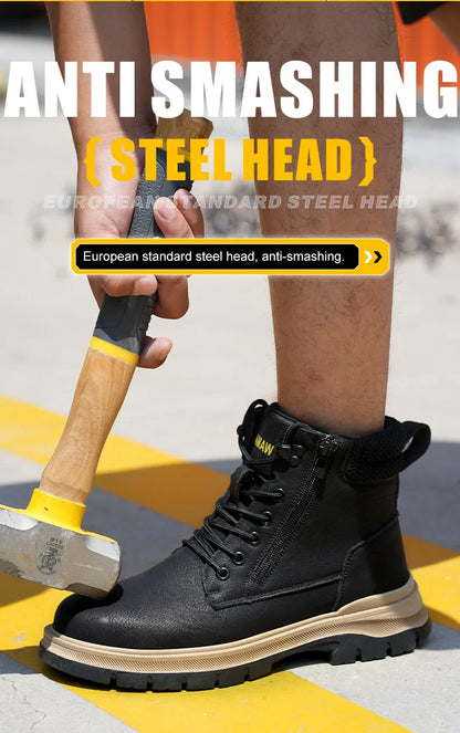 Men Work Boots Puncture-Proof  Waterproof Work Shoes Steel Toe Safety Boots Industrial Indestructible Boots Side Zipper Shoes