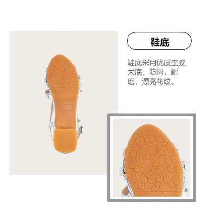 2025 Summer New Children's High Heels Fashion Flower Girls' Princess Sandals Silver Kid's Performance Dance Shoes 5-10 Years Old