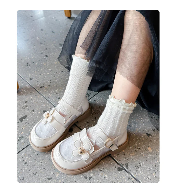 Toddler Girls Elegant Glossy Mesh Mary Jane Flats Flower Buckle Strap Heart Pattern Chunky Sole Comfortable Party School Shoes