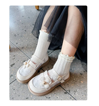 Toddler Girls Elegant Glossy Mesh Mary Jane Flats Flower Buckle Strap Heart Pattern Chunky Sole Comfortable Party School Shoes
