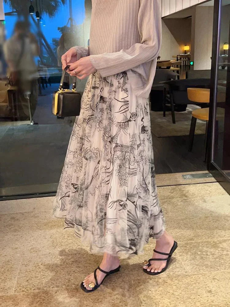 Women Flocking Flower Tulle Gauze Skirt Elegant Sweet Elastic Waist Midi Floral Mesh Skirt For All Season