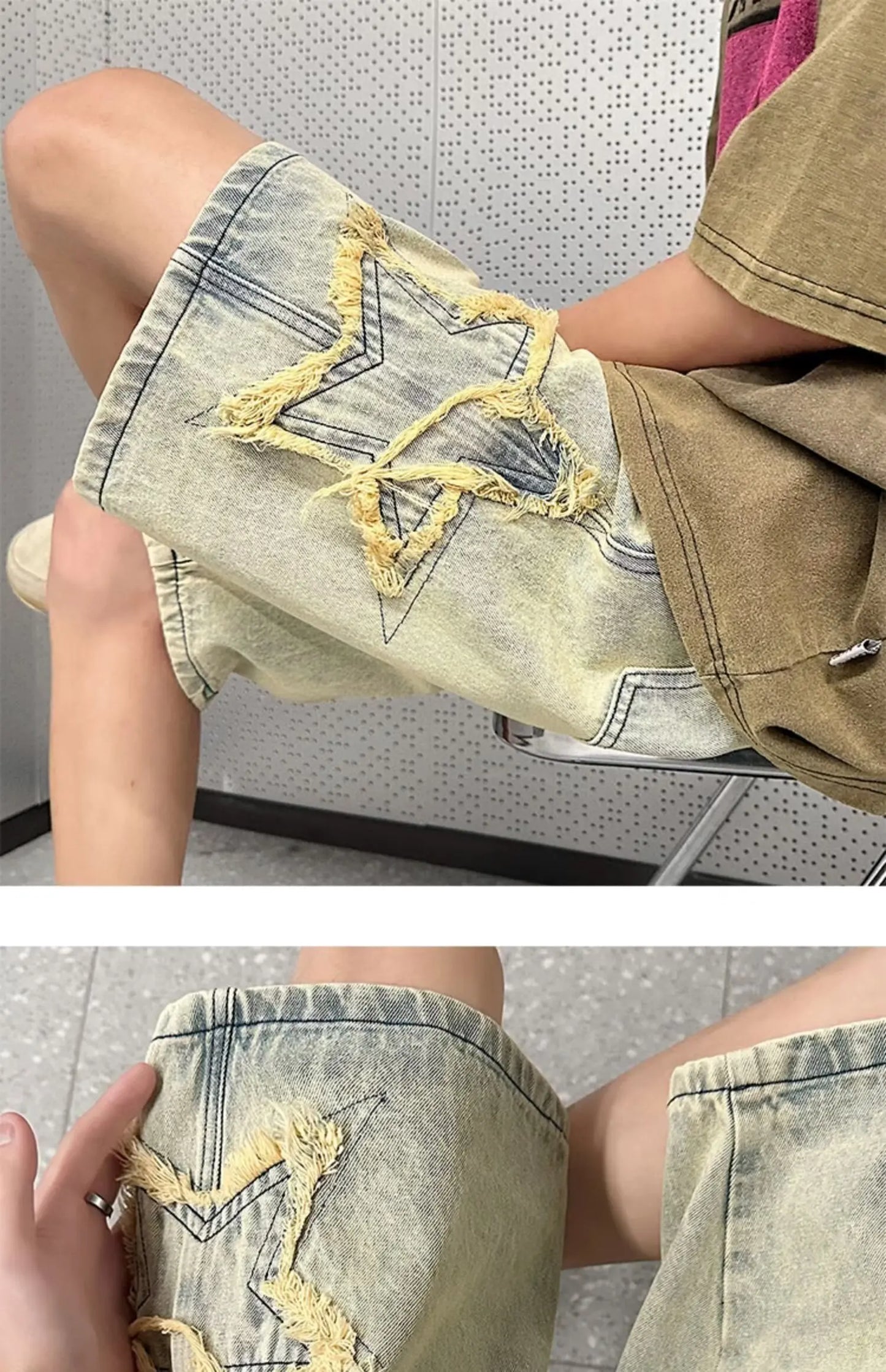 Star Patchwork Yellow Clay Color Jeans Summer Men Denim Shorts Trendy Streetwear Five-point Pants Straight Jeans Shorts