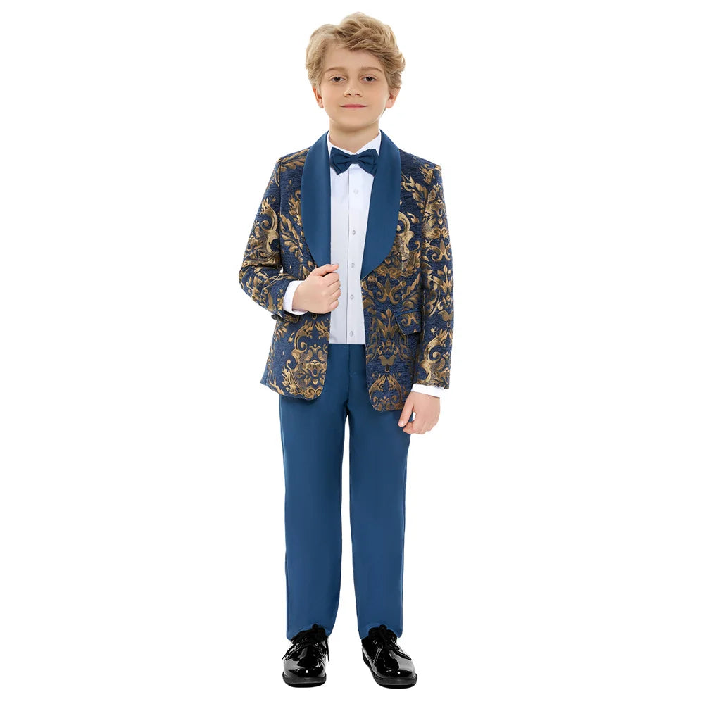 Ornate Jacquard Toddler Suit Set Jacket Pants Bowtie Kids Luxe Concert Tuxedo Ring Bearer Waist Adjustable 3-14 Yrs Suits Suitab