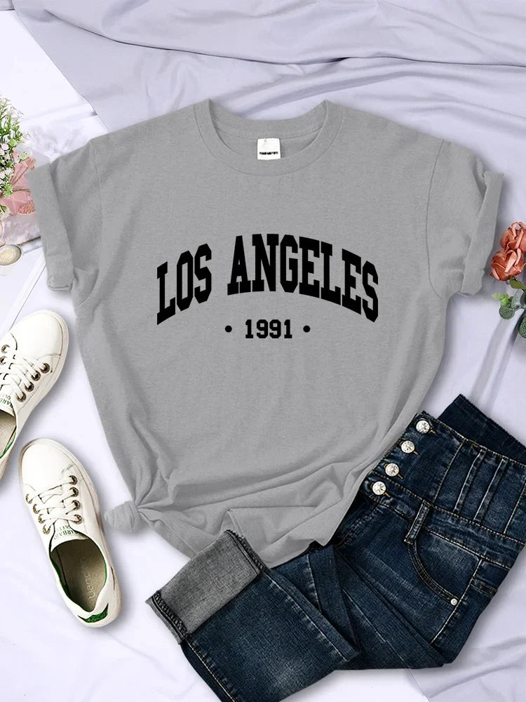 Los Angels 1991 Usa City Letter Printing Women T Shirt Street Summer Tshirt Simple Casual Short Sleeve Breathable Cool T-Shirt