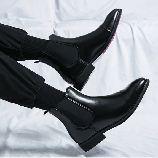 Autumn winter pointed toed male Boots Redsoled high top leather shoe English casual Chelsea boot Fashion comfortable men's shoes