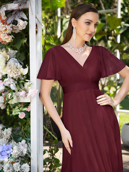 Empire Evening Dresses Cross V-Neck Tulle Short Sleeve Sashes Wedding Dress Sexy Backless Women's Formal Party Gowns