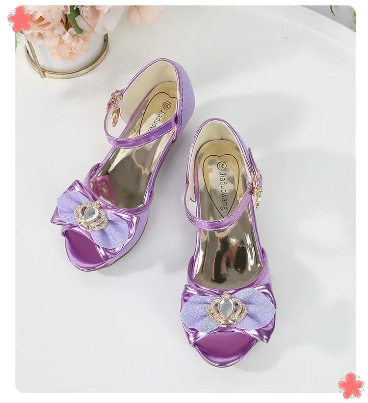New Girl's High Heel Shoes for Kids Party Wedding Fashion Princess Causal Dress Shoes Sequins Versatile Children's Crown Sandals