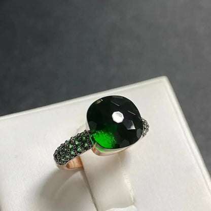 Emerald Ring for Women Green Zircon Inlay Rose Gold & Black Gun Plated 30 Colors Candy Crystal Style Jewelry Birthday Gift