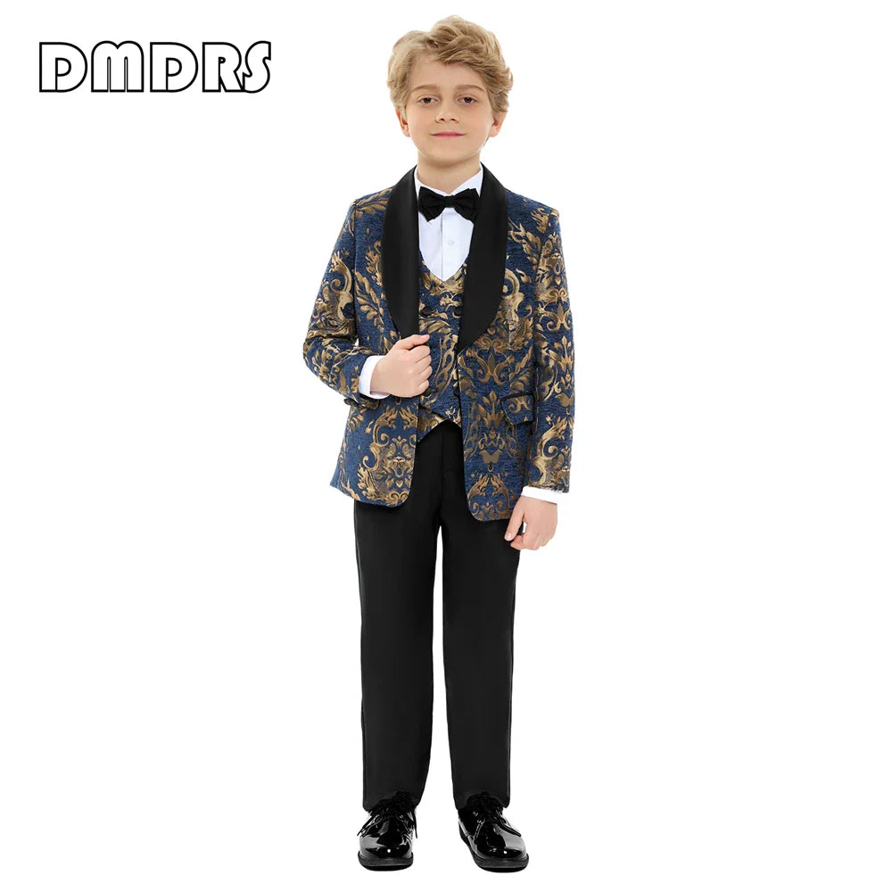 Paisley Slim-Fit Suit Set for Boys with Black or Navy Collar for Weddings