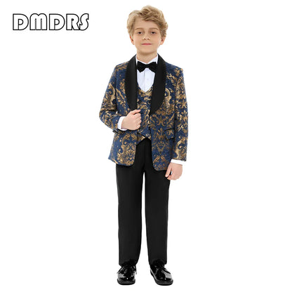 Paisley Slim-Fit Suit Set for Boys with Black or Navy Collar for Weddings