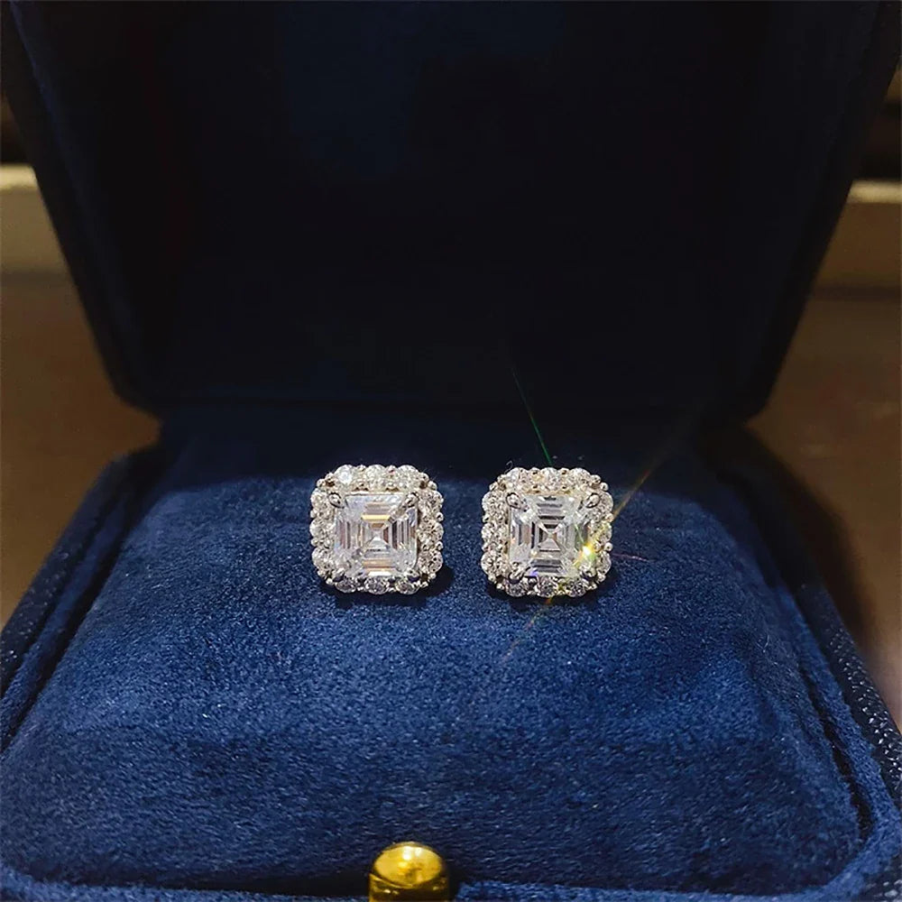 1/2carat Asscher Cut Moissanite Stud Earrings with Certificates Square Halo Diamond Earring for Women 925 Silver Fine Jewelry