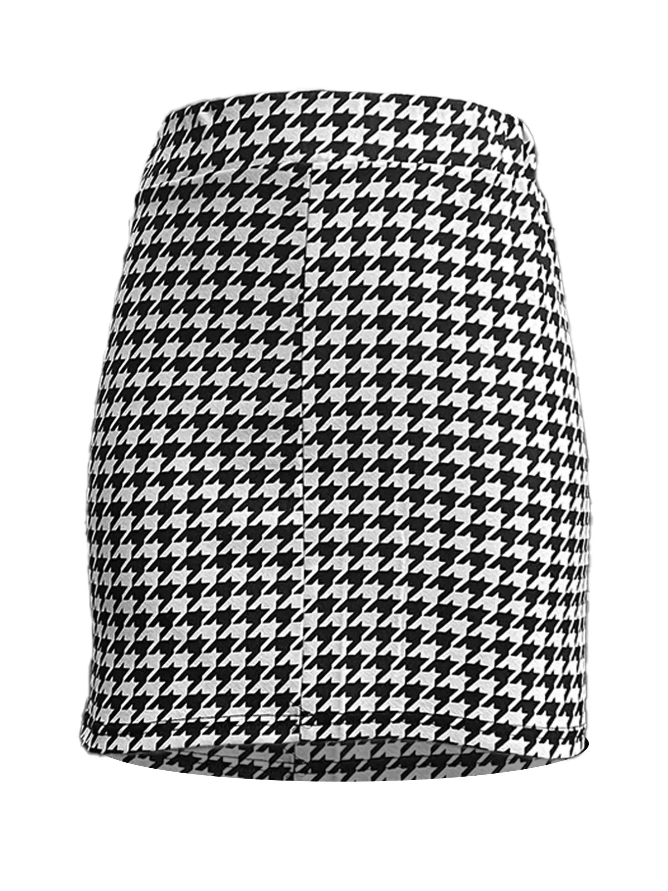 Elegant high-waisted short skirt with a stretch waist in a thousand bird pattern, hugging the hips.