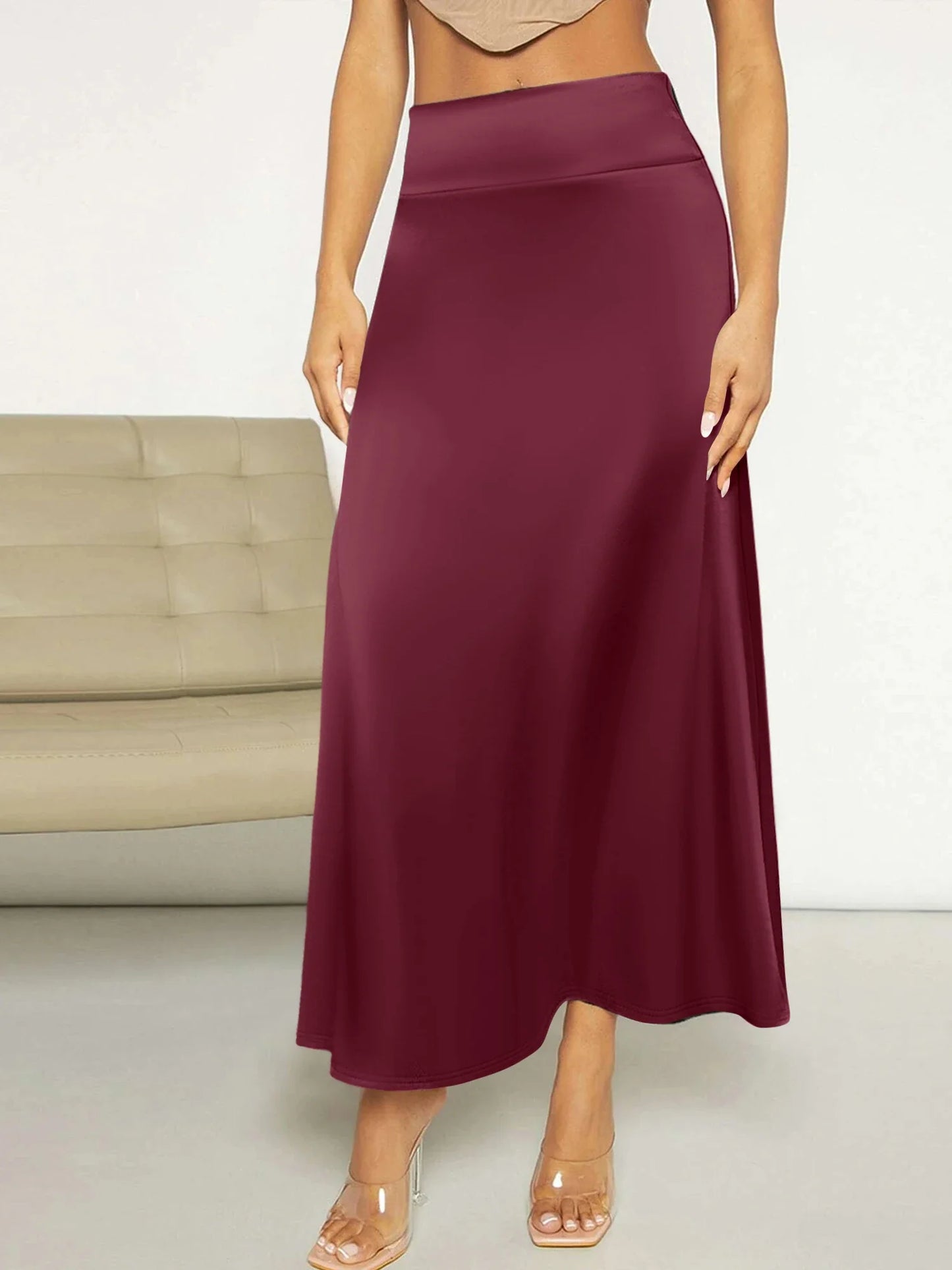 Women High Waist Midi Skirt A line Flowy Hem Elastic Waist Soft Fabric Ideal for Casual Gatherings Work Meetings Daily Outings