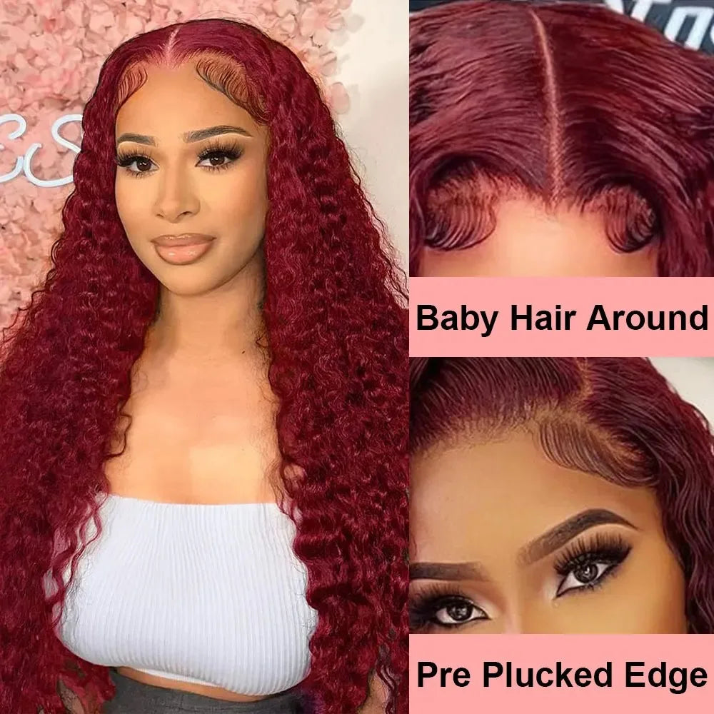 34 Inch Burgundy 13x4 Hd Lace Frontal Human Hair Wig Deep Wave Curly Wigs For Women Water Wave Colored 99j Red Lace Front Wig