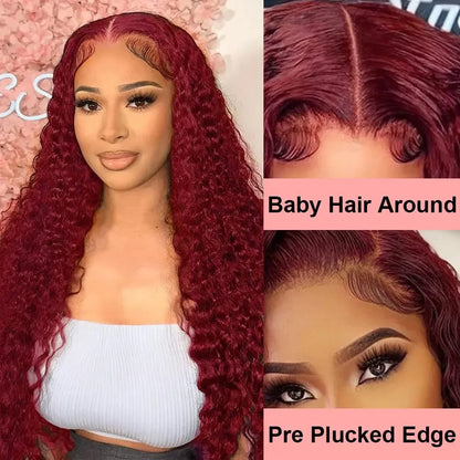 34 Inch Burgundy 13x4 Hd Lace Frontal Human Hair Wig Deep Wave Curly Wigs For Women Water Wave Colored 99j Red Lace Front Wig