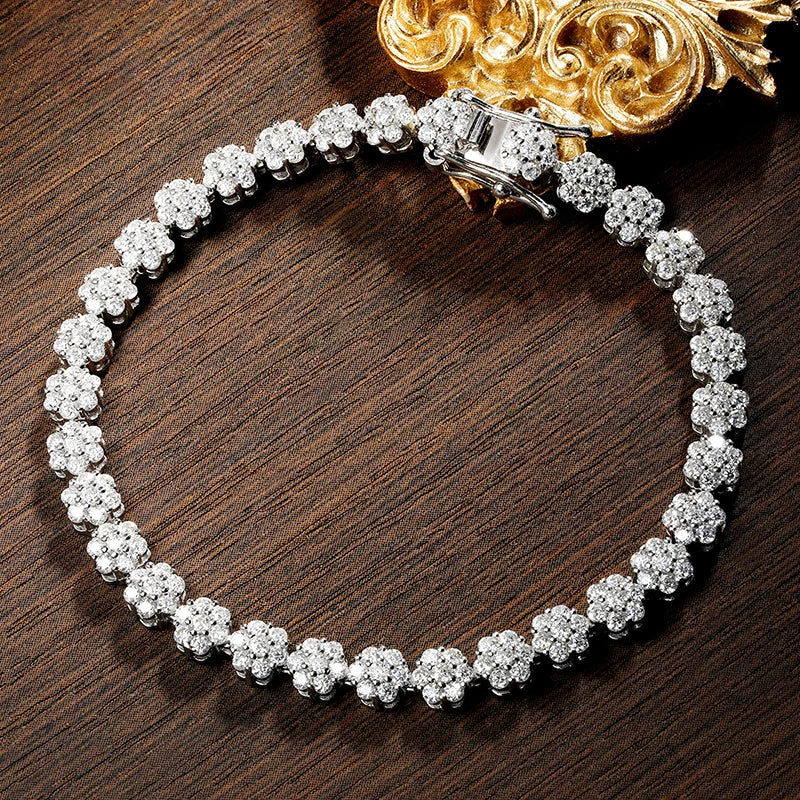 D VVS1 Moissanite Tennis Bracelet Full Diamond GRA 925 Sterling Silver Plated White Gold Flower Bracelets for Women Man