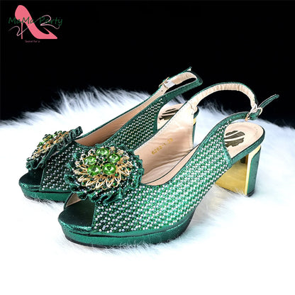 Italian Women Shoes Matching Bag Set in Green Color 7 CM Comfortable Heels with Plaform Elegant Peep Toe Sandals
