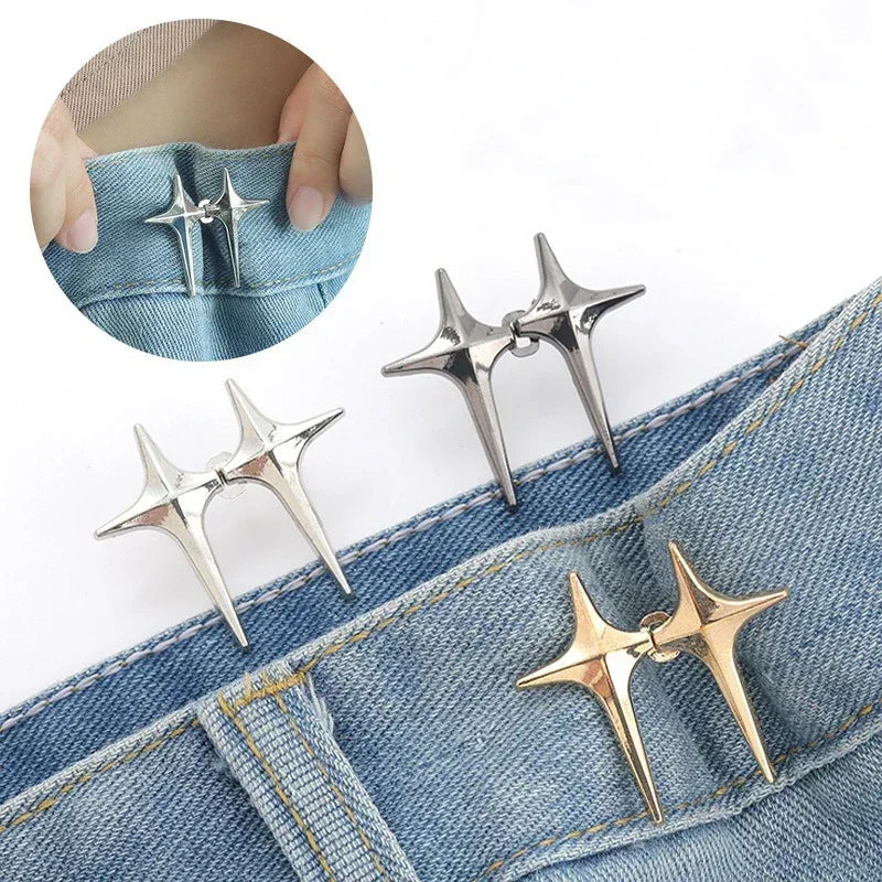 1Pair Cross Star Waist Buckle Adjustable Detachable Pants Clips Waist Tightener Nail-free Metal Button Snaps for Jeans Decor