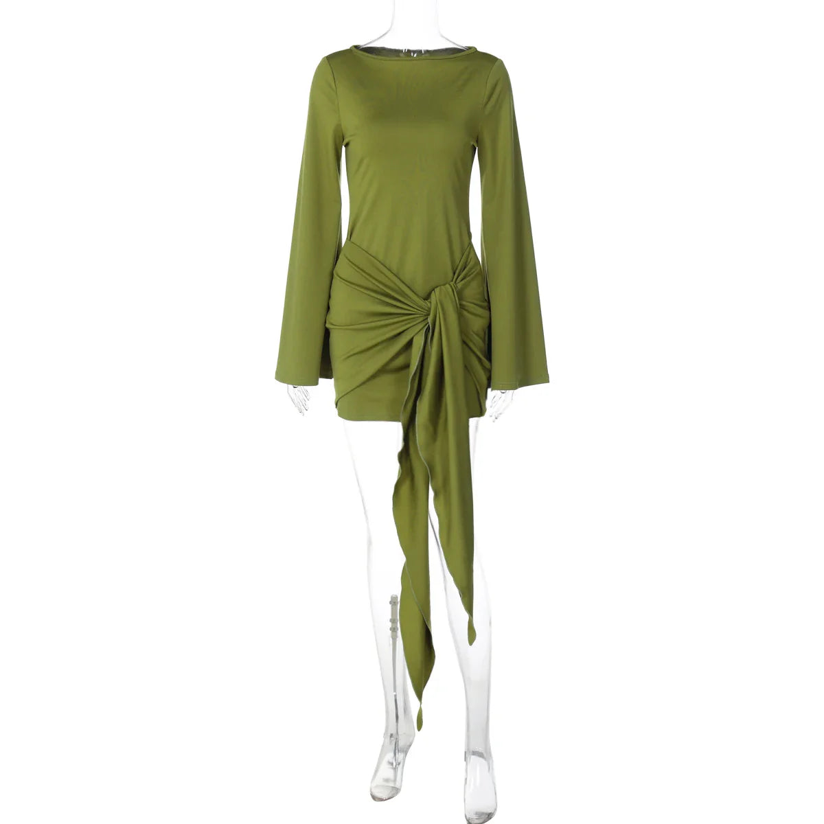 Autumn Fashion Elegant O-Neck Long Sleeve Slim Fit Lace Up Mini Dress Ladies Solid Casual Clothes Party Club Outfit