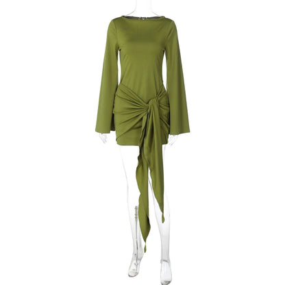 Autumn Fashion Elegant O-Neck Long Sleeve Slim Fit Lace Up Mini Dress Ladies Solid Casual Clothes Party Club Outfit