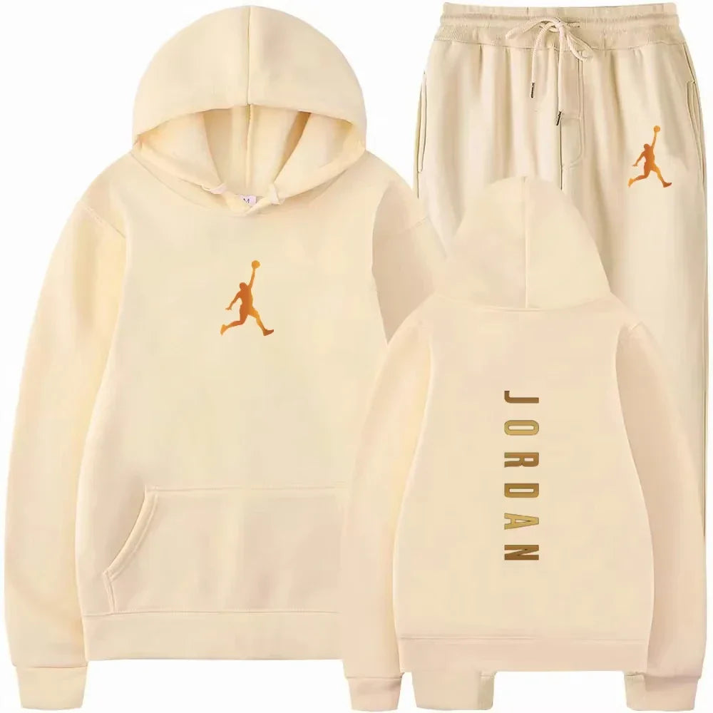 Men's pullovers for autumn and winter, solid-color hoodie + stretch waist jogging pants two-piece set, fashionable outdoor casua