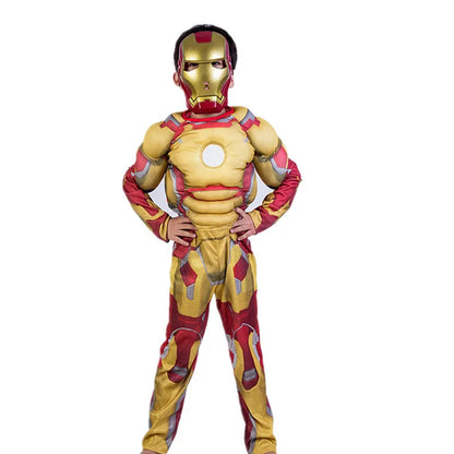 Kids Yellow Iron Man Costume Superhero Muscle Suit with Mask Role Play Costume for Halloween Christmas Party Performance
