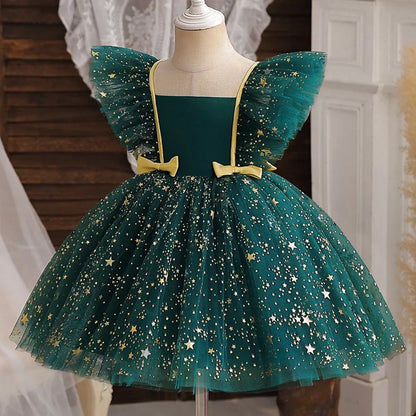 Princess Dress for Girls Sequined Star Ruffle Bow Tutu Gown Baby Formal Gala Prom Gown Kids Evening Party Costume