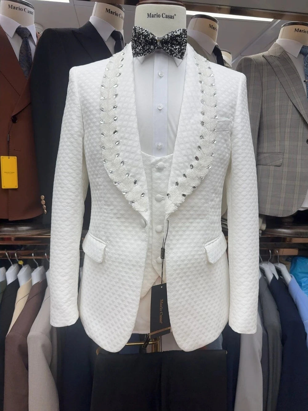 White Premium Crystals Groom Wear, Fully Jacquard Three Pieces Men's Suit, Fast Shipping Classy Set, New Arrival Dancing Tuxedo