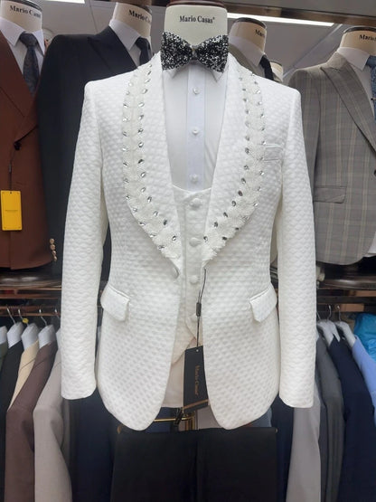 White Premium Crystals Groom Wear, Fully Jacquard Three Pieces Men's Suit, Fast Shipping Classy Set, New Arrival Dancing Tuxedo