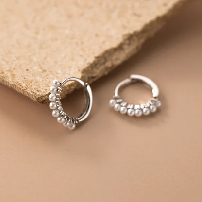 925 Sterling Silver Vintage Simple Pearl Huggies Ear Buckles for Women Charms Party Piercing Hoop Earrings Jewelry Gift