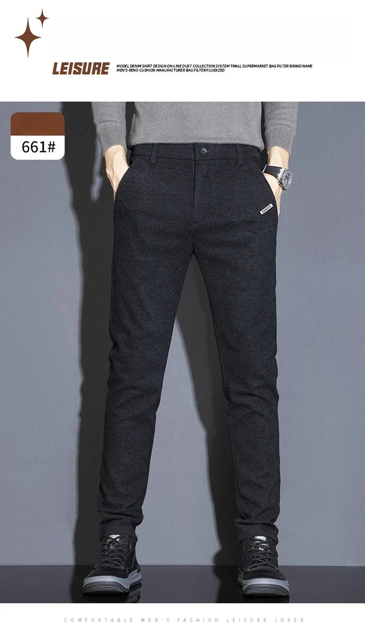 Men's Solid Straight Casual Pants Autumn Woolen Slim Fit Office Pants Vintage Elastic Waist Youth Trousers Everyday Wear