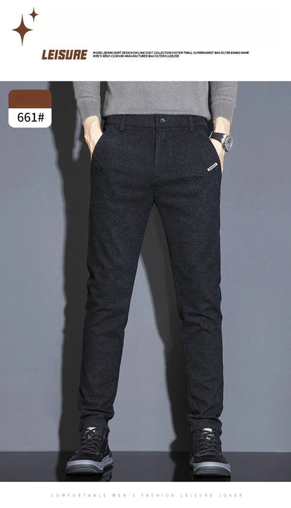 Men's Solid Straight Casual Pants Autumn Woolen Slim Fit Office Pants Vintage Elastic Waist Youth Trousers Everyday Wear