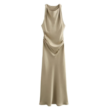 Satin Ruched Long Dresses for Women Sleeveless Summer Dress Woman off Shoulder Party Womens Dresses Beach Female Dress