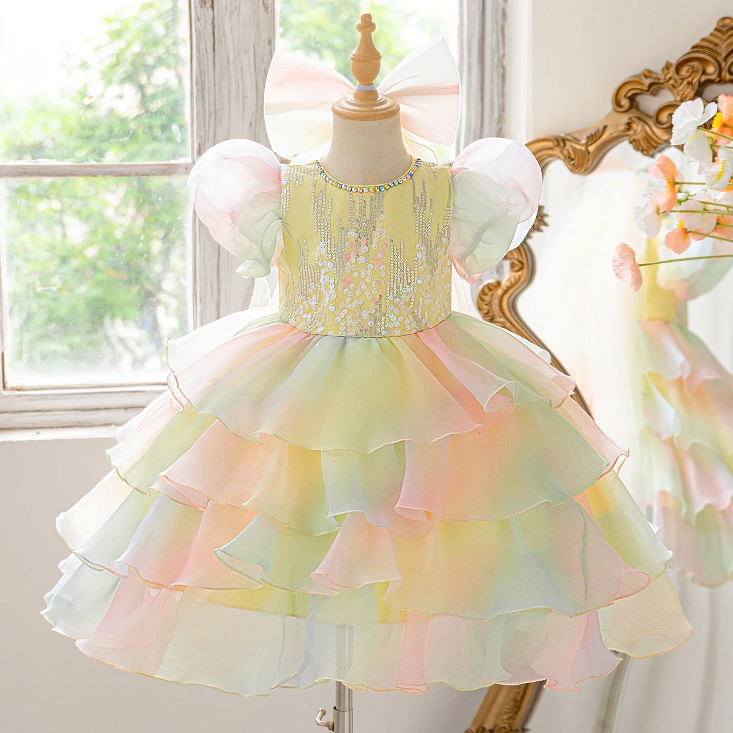 Vestidos de festa infantis amarelo claro adequados para festas de aniversário, vestidos de princesa, bem como para bailes de formatura e cerimônias de formatura.