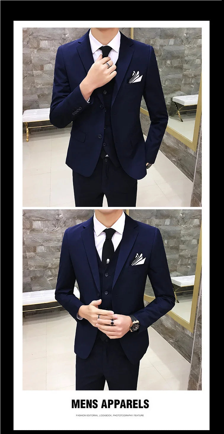 Suit (Blazer+vest+pants) Men's Fashion Business Korean Version of Solid Color Slim-fit Wedding Professional Gentleman Dress 6XL