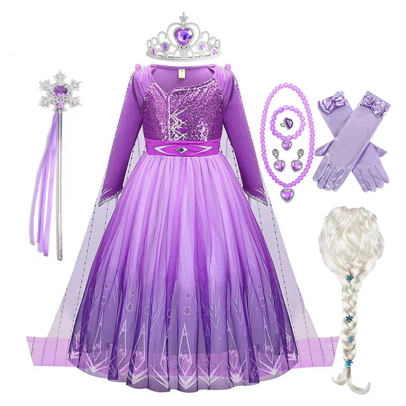 Snow Queen Elsa Princess Dress for Kids Girls Cosplay Frozen 2 Costume Birthday Party Children Purple Sequins Mesh Clothes 2-10Y