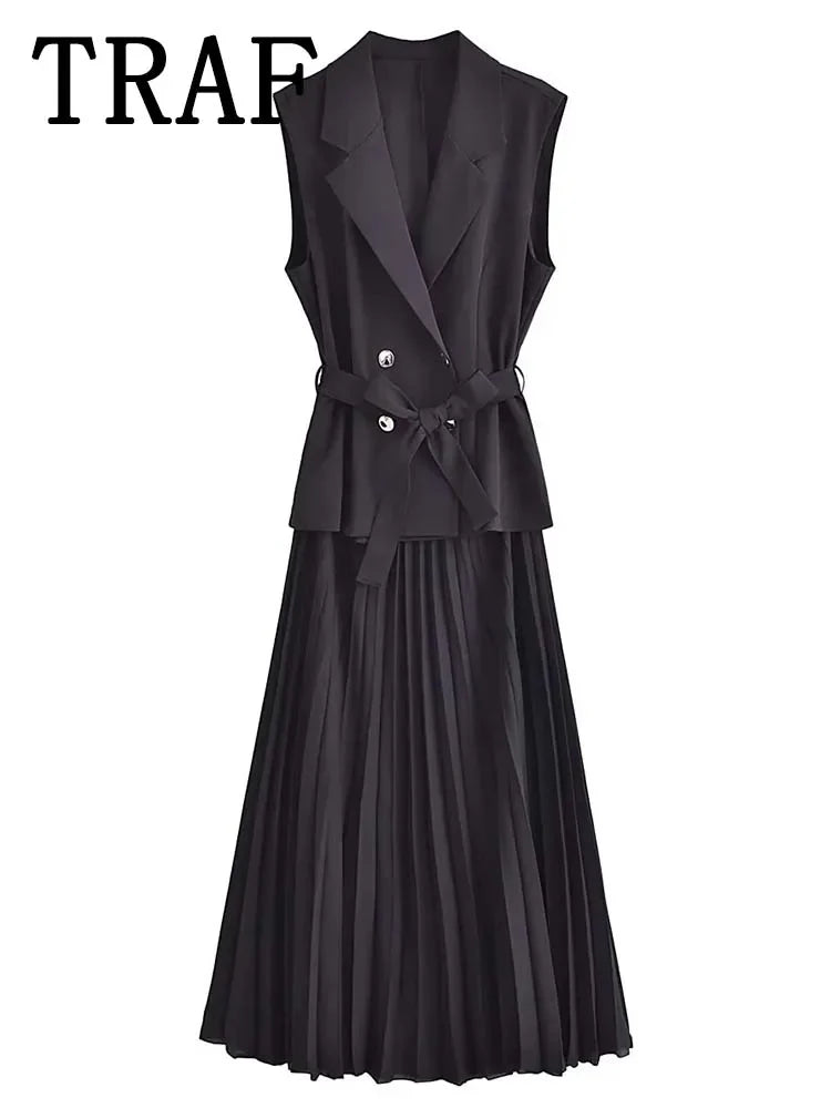 Dress Women Pleated Vests Long Dresses for Women 2024 Sleeveless Office Party Dress Ruched Midi Evening Dresses