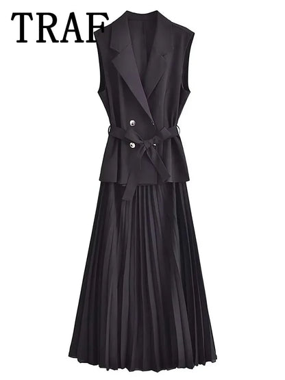 Dress Women Pleated Vests Long Dresses for Women 2024 Sleeveless Office Party Dress Ruched Midi Evening Dresses