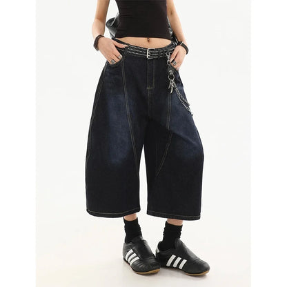 American Retro Embroidered Letter Cut-off Jeans Loose Straight Leg Trousers for Men High Waist Design Summer New Style