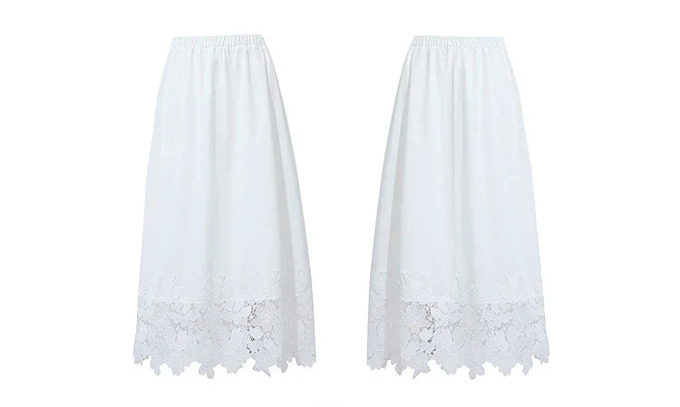 Women's Skirt 2026 Summer New Elastic Waist Cutout Lace Hem Midi Casual Loose Fit Floral Trim Skirt For Women 12622106