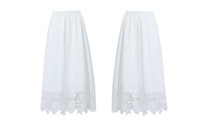 Women's Skirt 2026 Summer New Elastic Waist Cutout Lace Hem Midi Casual Loose Fit Floral Trim Skirt For Women 12622106
